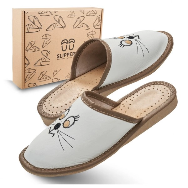 Skórzane klapki damskie kotki Slippers